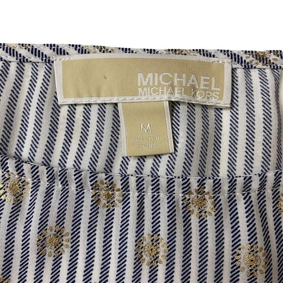 Michael Kors 1/2 Sleeve Blouse Side Tie Waist Blue/White Striped w/Gold Print M - Picture 4 of 8